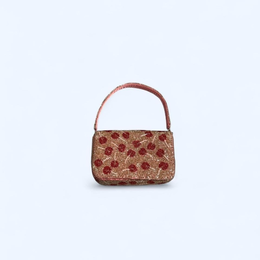 Pink beaded cherry design purse